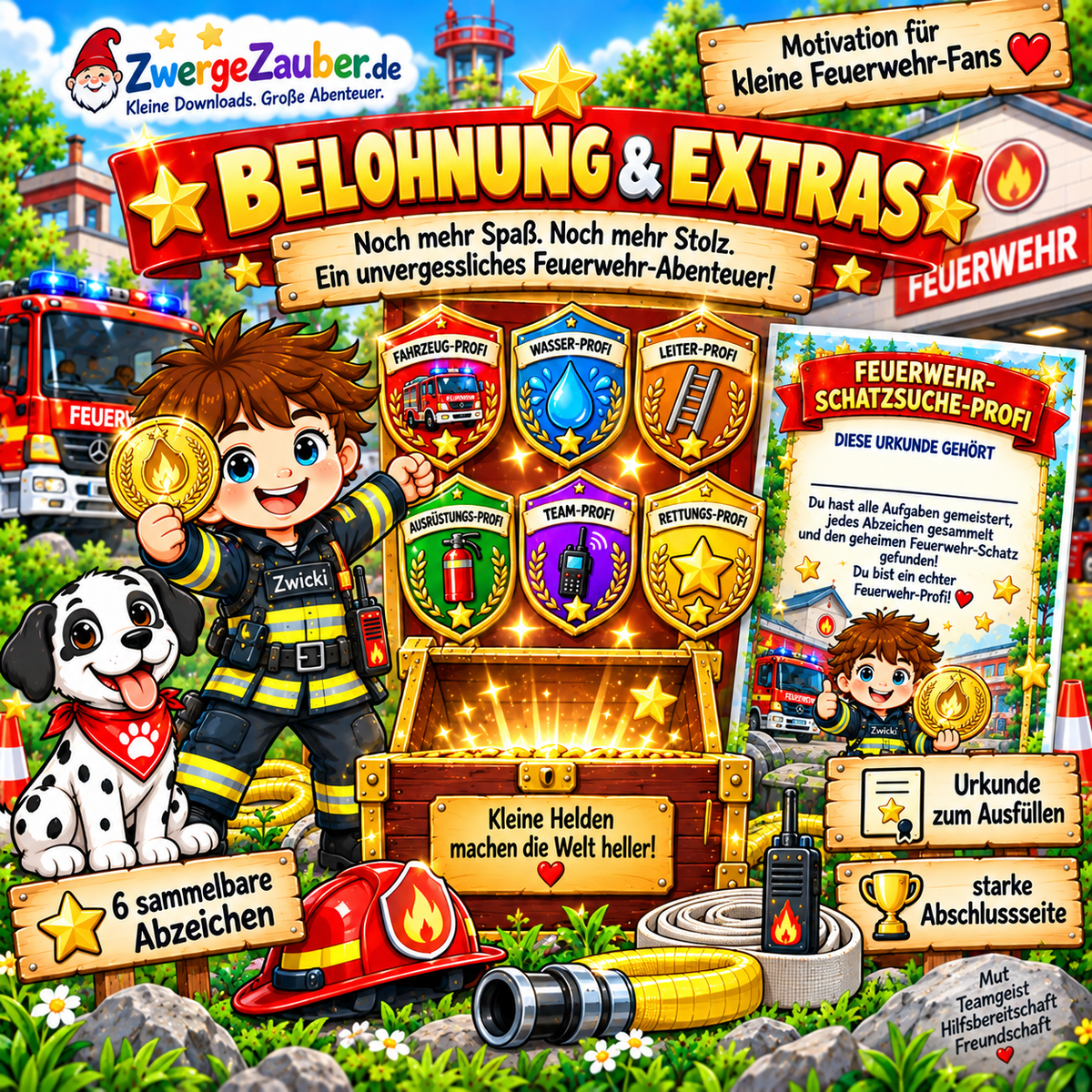 Feuerwehr-Schatzsuche XXL mit 6 sammelbaren Feuerwehr-Abzeichen, Urkunde und Belohnungsseiten für Kinder
