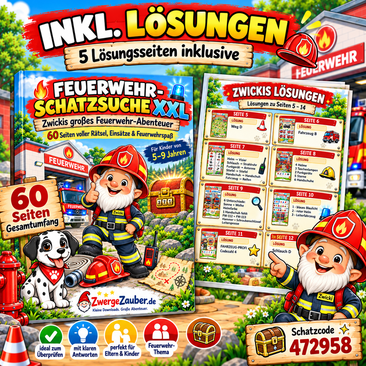 Feuerwehr-Schatzsuche für Kinder mit fünf Lösungsseiten und Schatzcode 472958 zum einfachen Überprüfen der Rätsel