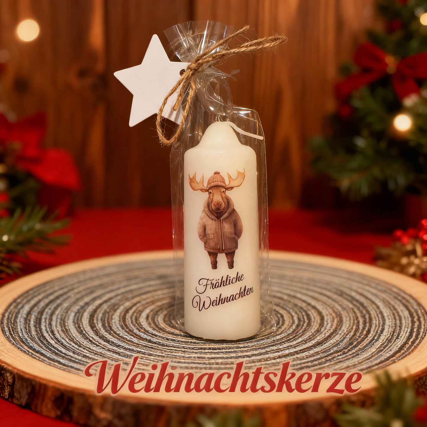 Christmas pillar candle printed with Christmas elk, various motifs