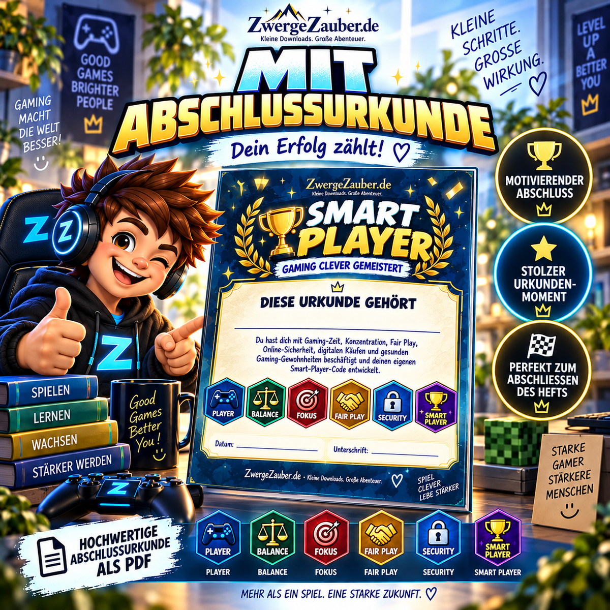 Smart Player Abschlussurkunde im Gaming clever nutzen Workbook mit Badges für Balance, Fokus, Fair Play und Online-Sicherheit