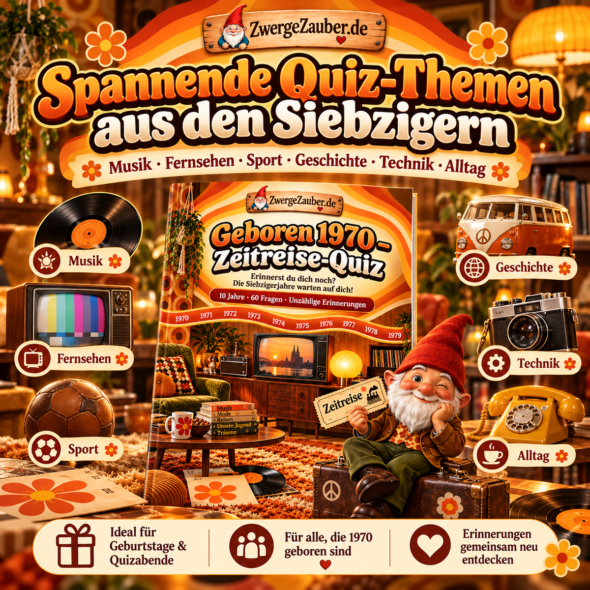 Nostalgisches Zeitreise-Quiz der 1970er-Jahre mit Fragen zu Musik, Fernsehen, Sport, Geschichte, Technik und Alltag.