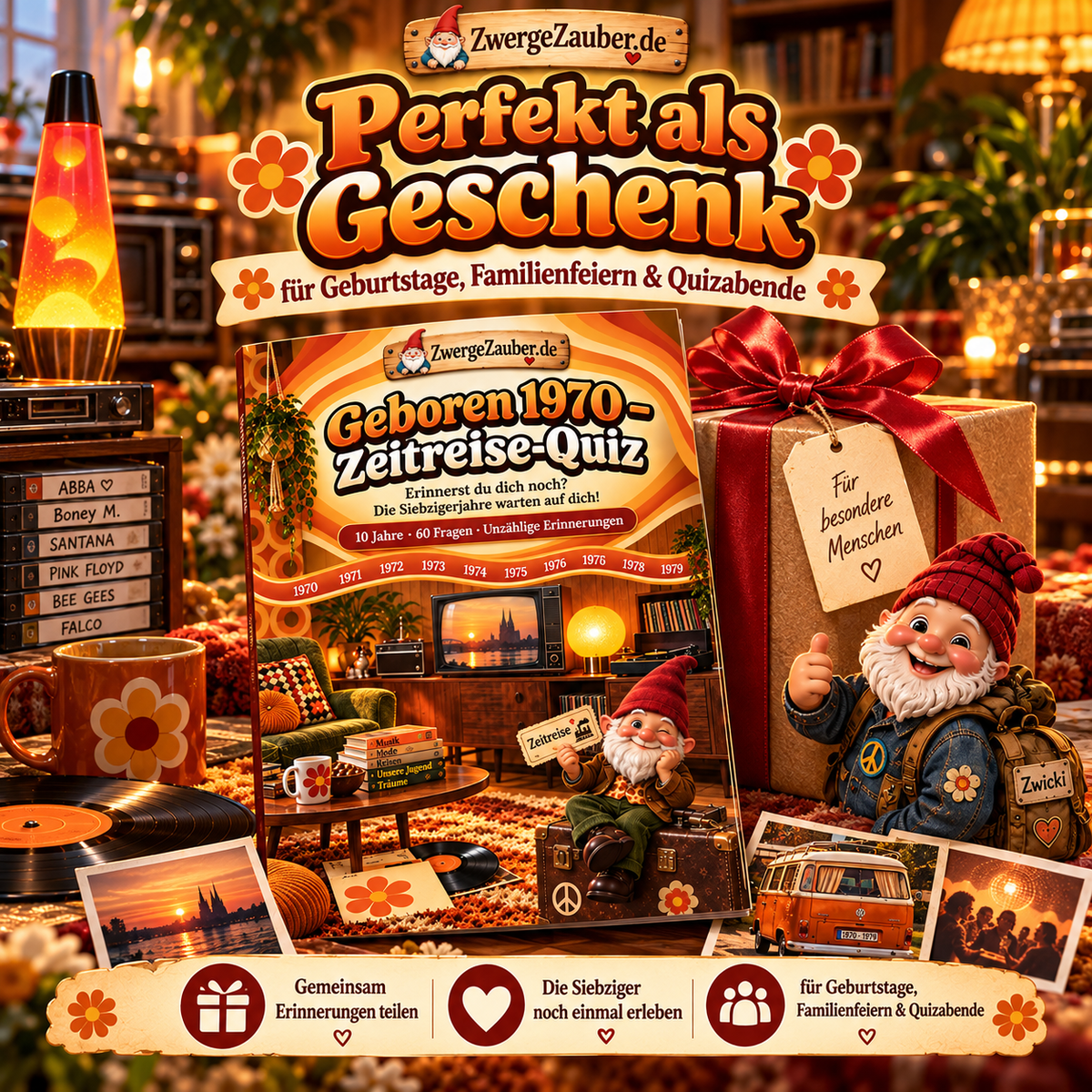 Geboren 1970 Zeitreise-Quiz als nostalgische Geschenkidee für Geburtstage, Familienfeiern und gemeinsame Quizabende.