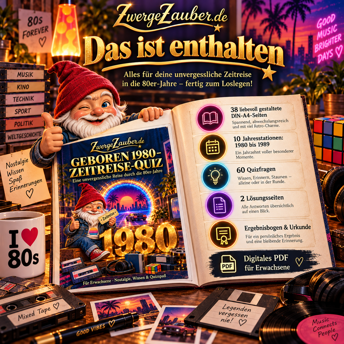 Inhaltsübersicht des Geboren 1980 Zeitreise-Quiz: 38 DIN-A4-Seiten, 60 Fragen, zehn Jahresstationen, Lösungen und Urkunde.