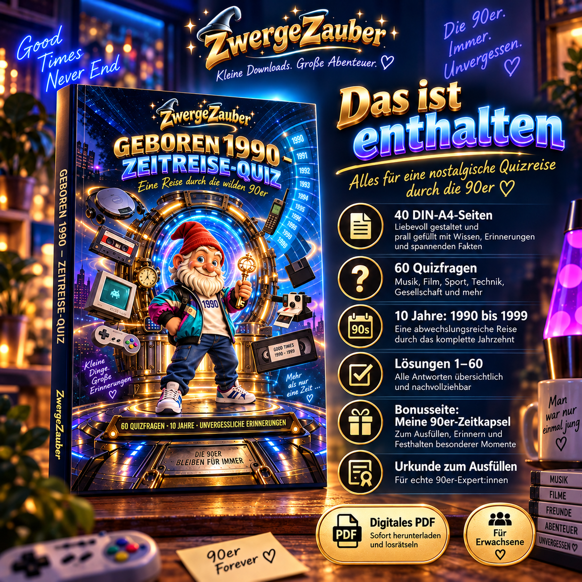 Inhalt des digitalen Geboren 1990 Zeitreise-Quiz: 40 DIN-A4-Seiten, 60 Quizfragen, Lösungen, 90er-Zeitkapsel und Urkunde.