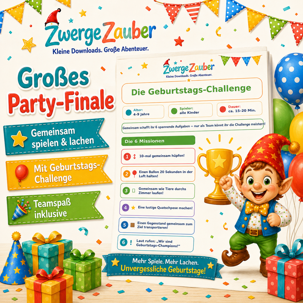 Geburtstags-Challenge mit sechs gemeinsamen Missionen für ein lustiges Party-Finale beim Kindergeburtstag