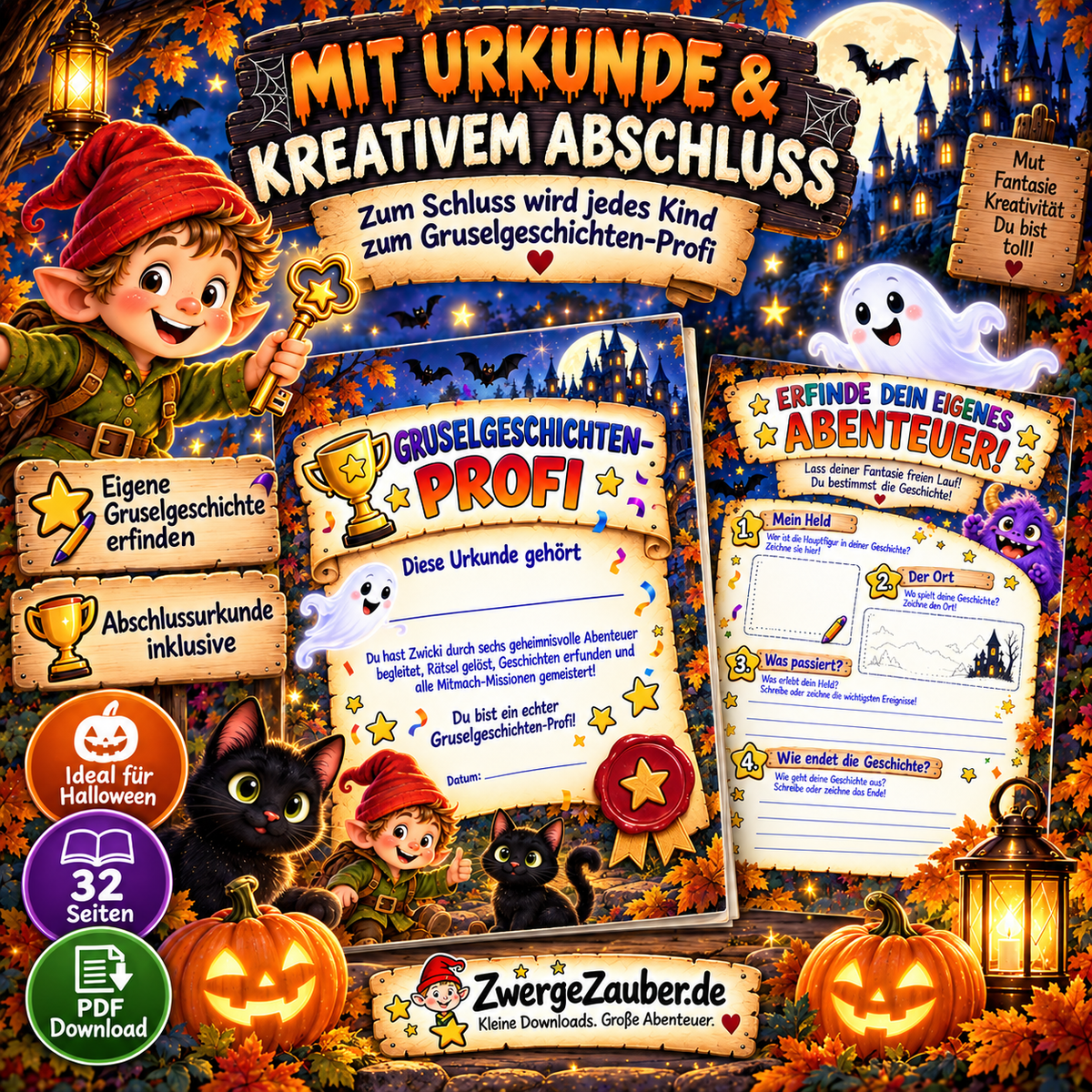 Gruselgeschichten-Mitmachheft mit eigener Geschichte und Gruselgeschichten-Profi-Urkunde als kreativer Abschluss