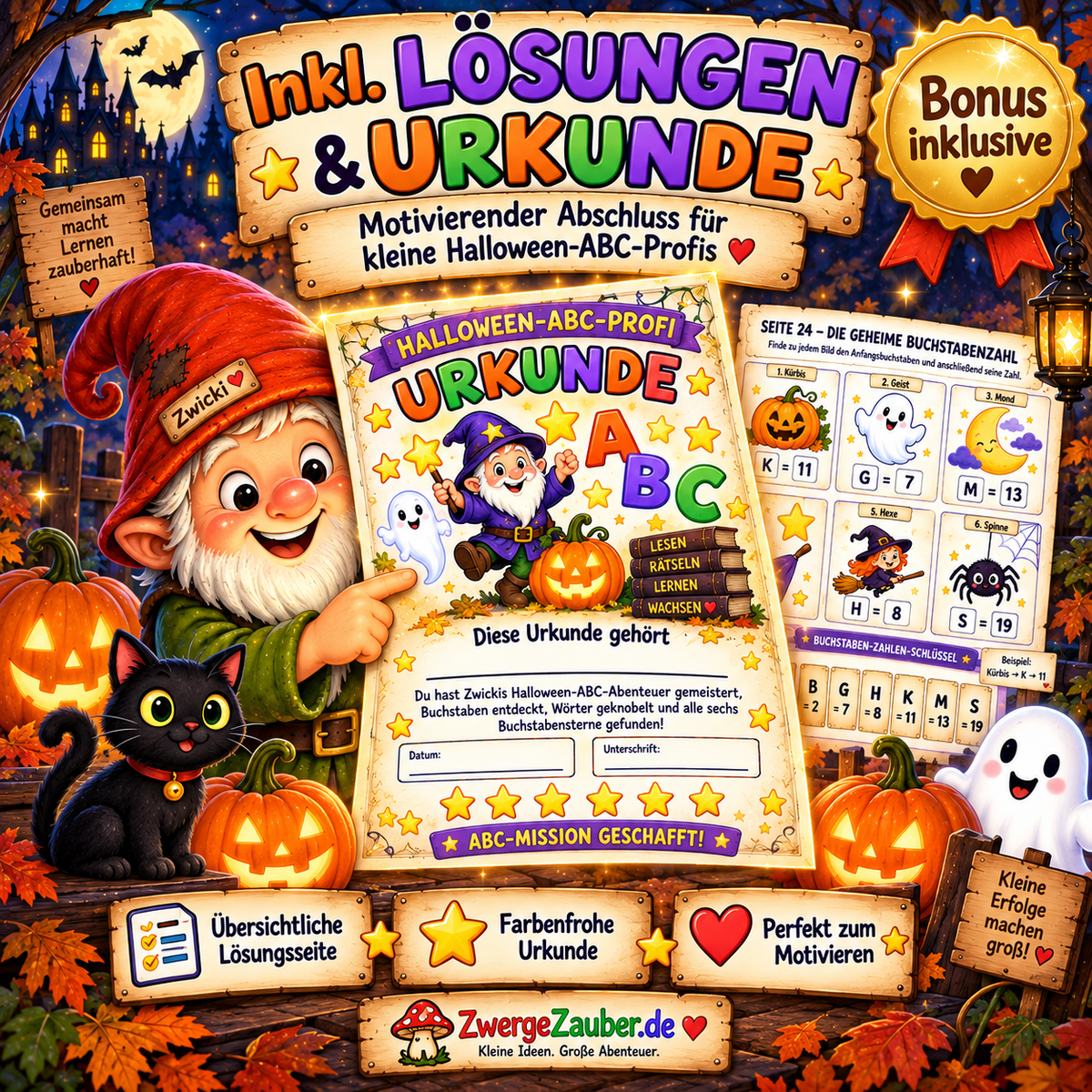 Halloween ABC Rätsel für Kinder inklusive Lösungsseite und farbenfroher Halloween ABC Profi Urkunde