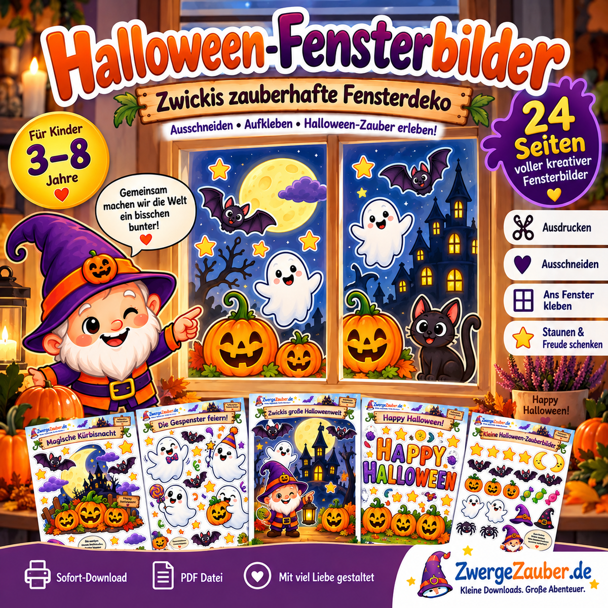 Halloween-Fensterbilder für Kinder von 4 bis 8 Jahren – 24 Seiten mit Zwicki, Kürbissen, Gespenstern und Fledermäusen zum Ausschneiden und Dekorieren.