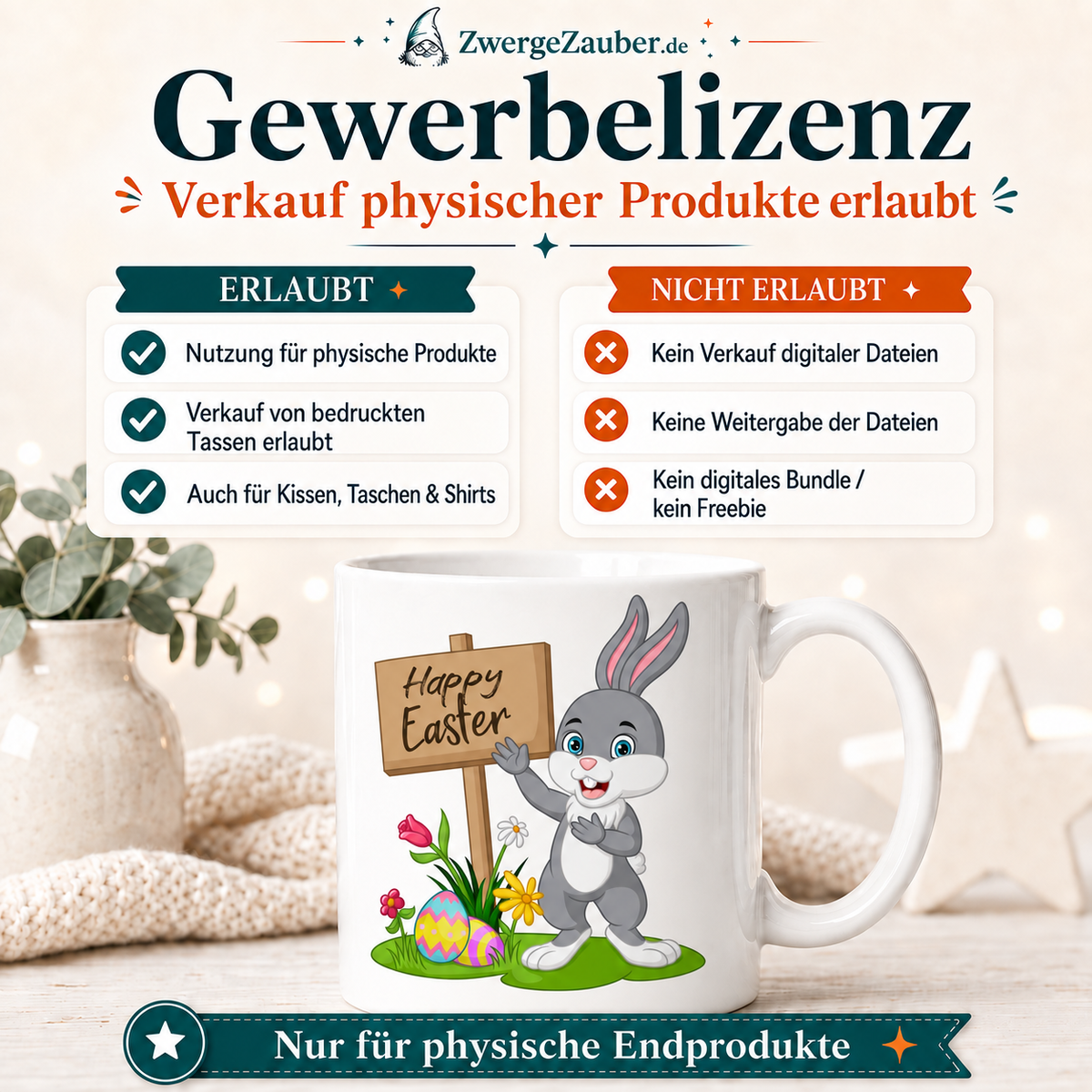 Gewerbelizenz für das Happy Easter Hase mit Schild Tassendesign