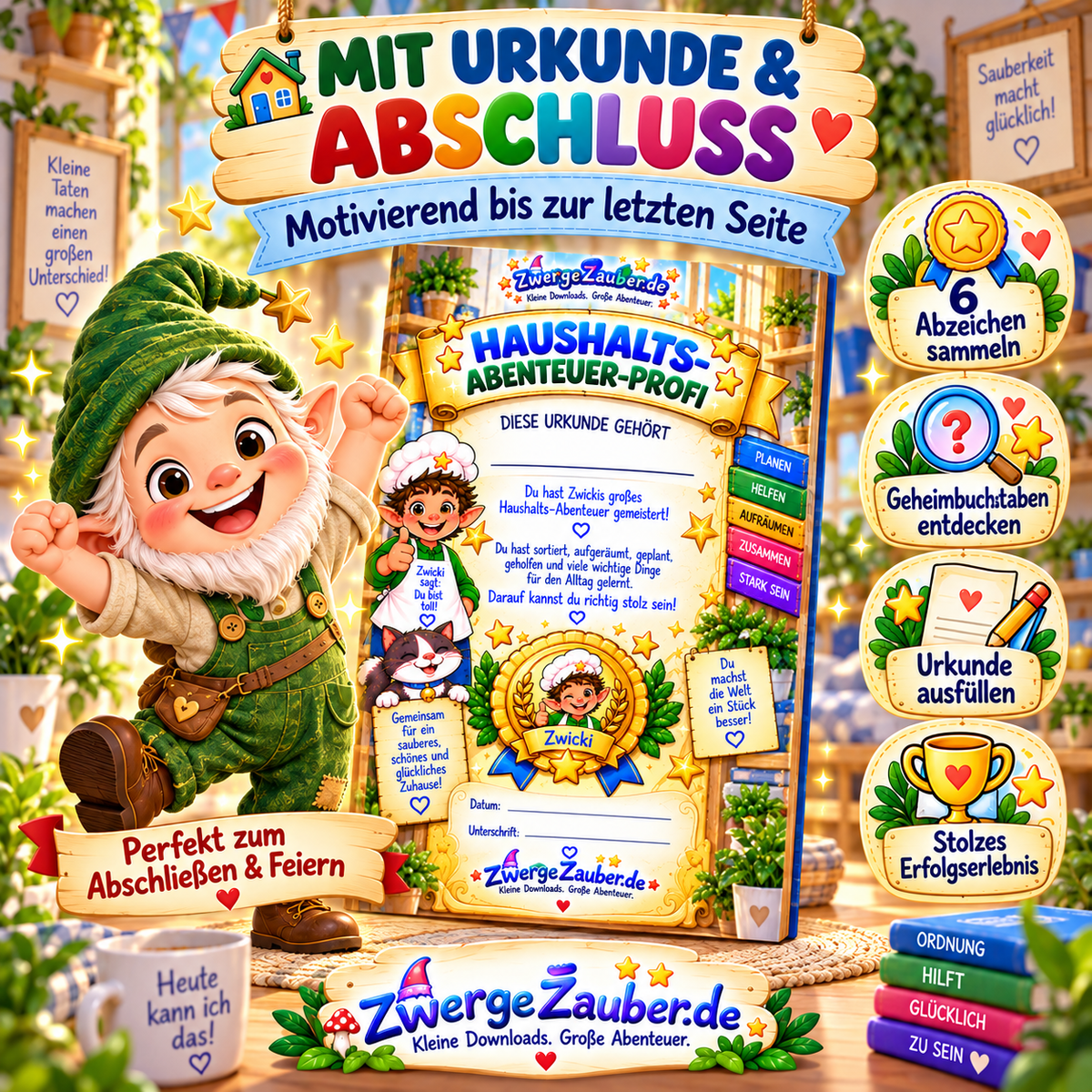 Kinder Haushalts-Abenteuer mit sechs Abzeichen, Geheimbuchstaben, Abschlussmission und Haushalts-Abenteuer-Profi Urkunde