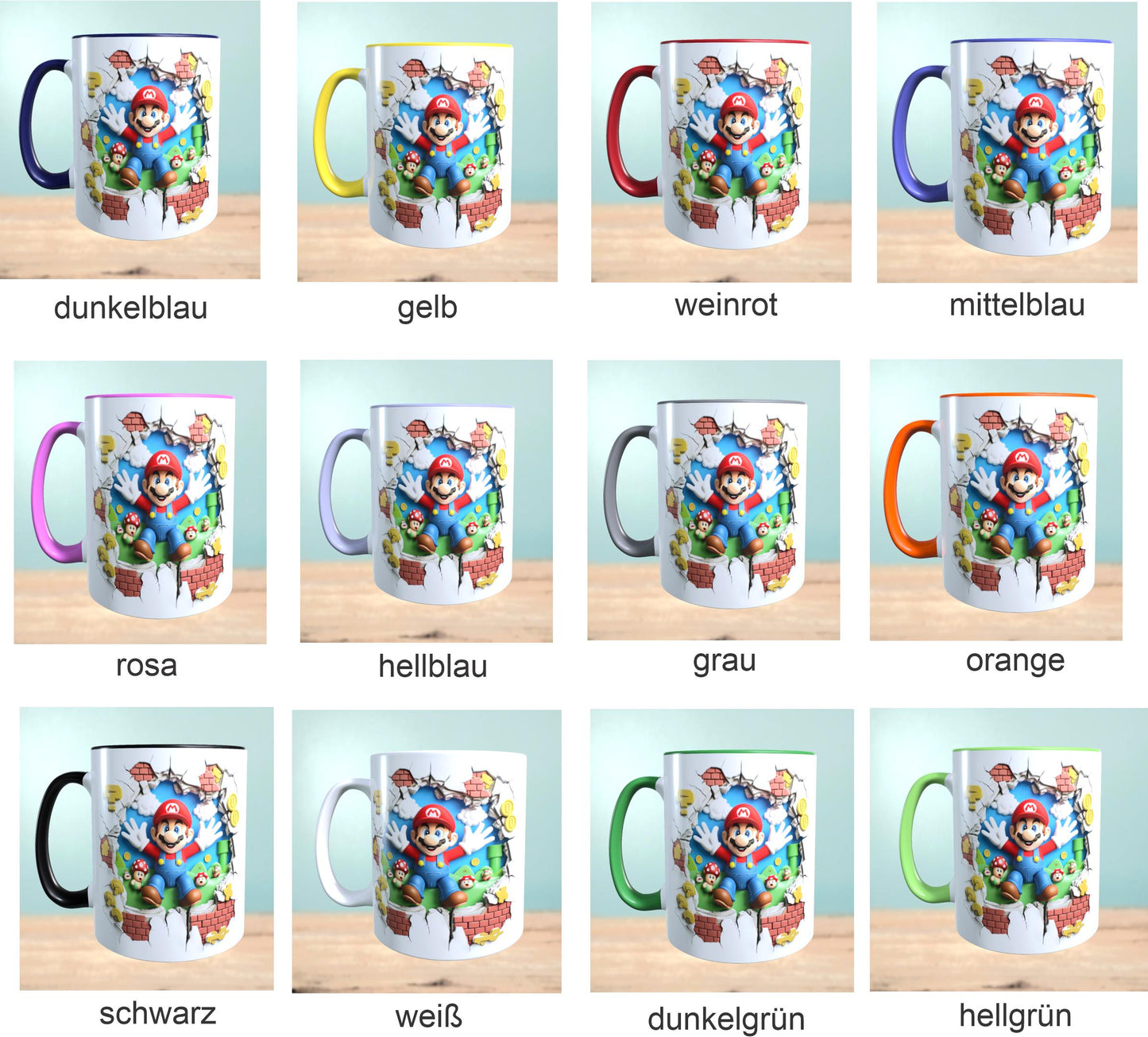 Tasse mit 3D-Effekt Super Mario Motiv 1 Sublimationsaufdruck, Tassengröße 11oz (330 ml), schönes Motiv, versch. Farben auswählbar