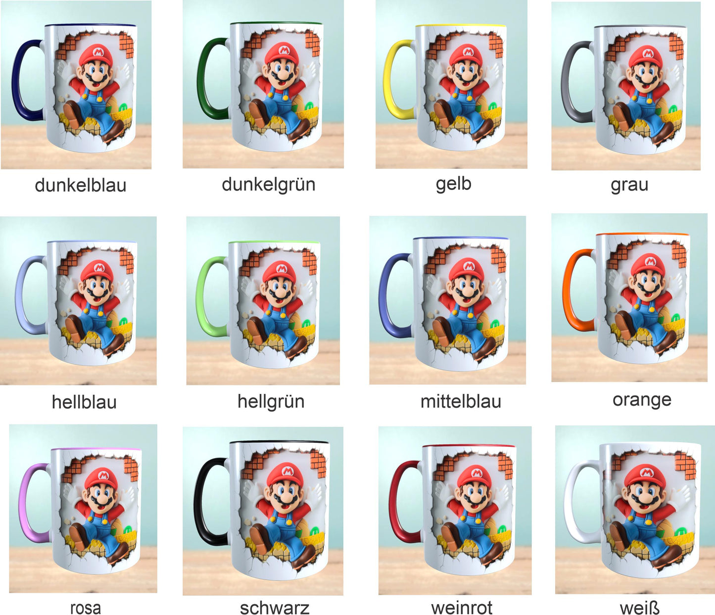 Tasse mit 3D-Effekt Super Mario Motiv 2 Sublimationsaufdruck, Tassengröße 11oz (330 ml), schönes Motiv, versch. Farben auswählbar