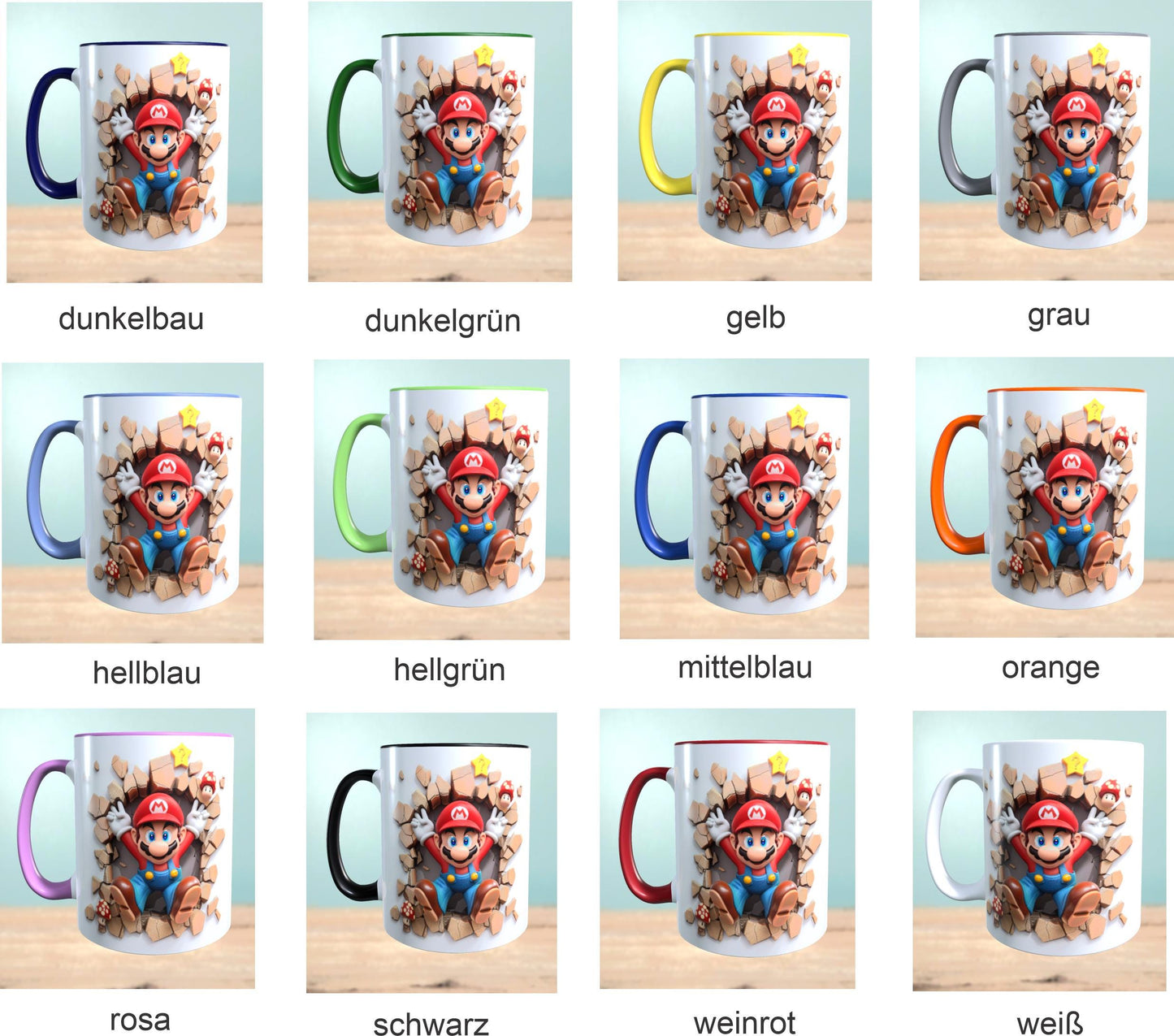 Mug with 3D effect Super Mario motif 3 sublimation print, cup size 11oz (330 ml), beautiful motif, various colors selectable