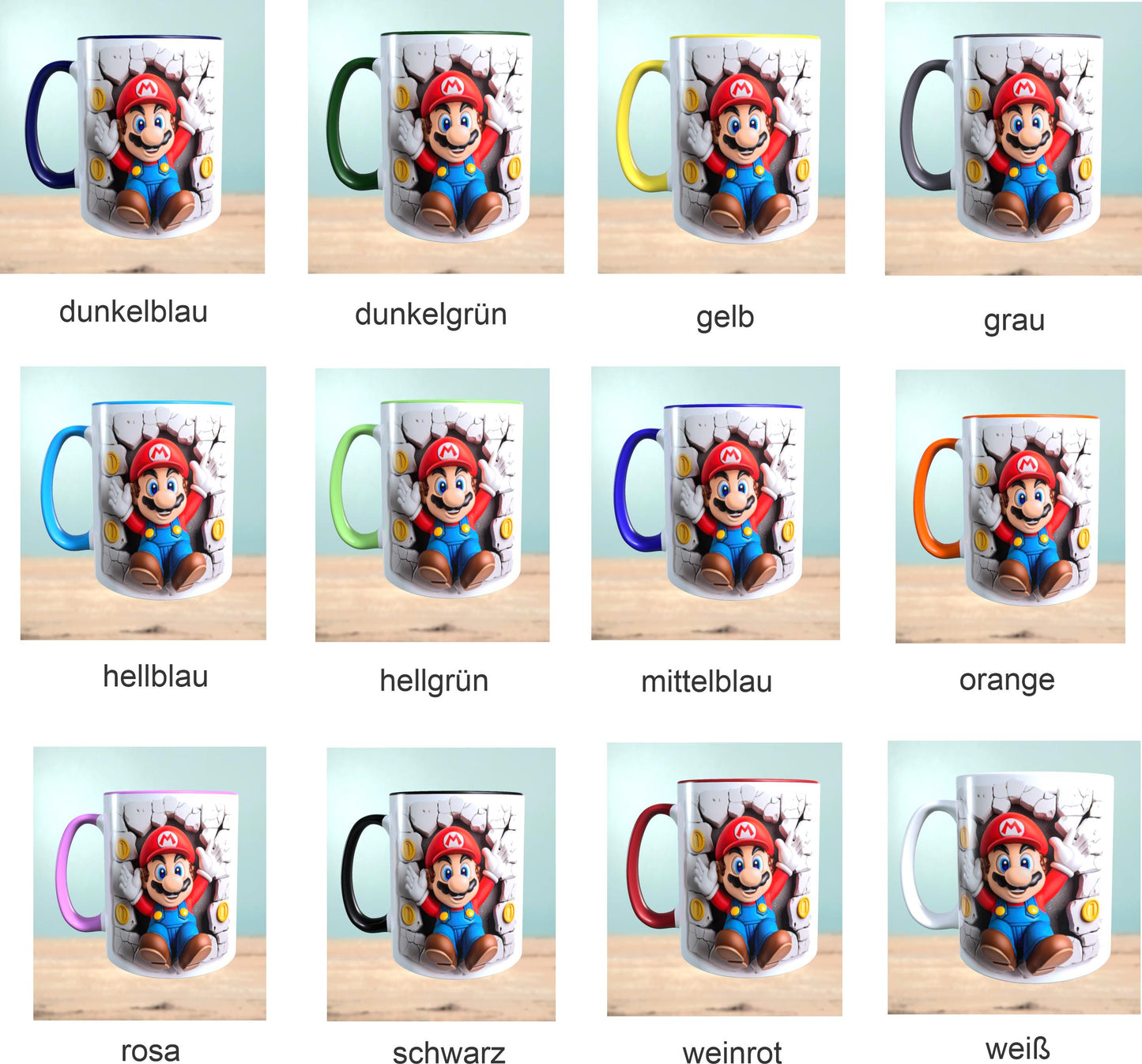 Tasse mit 3D-Effekt Super Mario Motiv 4 Sublimationsaufdruck, Tassengröße 11oz (330 ml), schönes Motiv, versch. Farben auswählbar