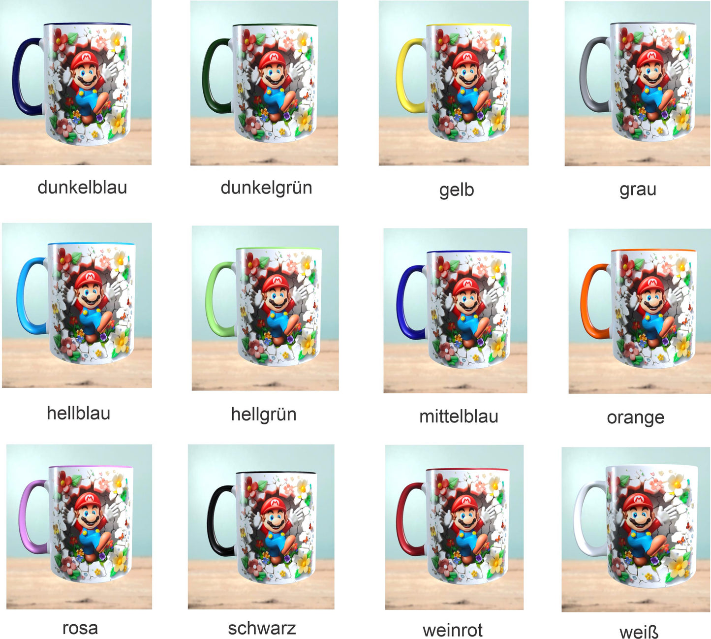 Tasse mit 3D-Effekt Super Mario Motiv 5 Sublimationsaufdruck, Tassengröße 11oz (330 ml), schönes Motiv, versch. Farben auswählbar