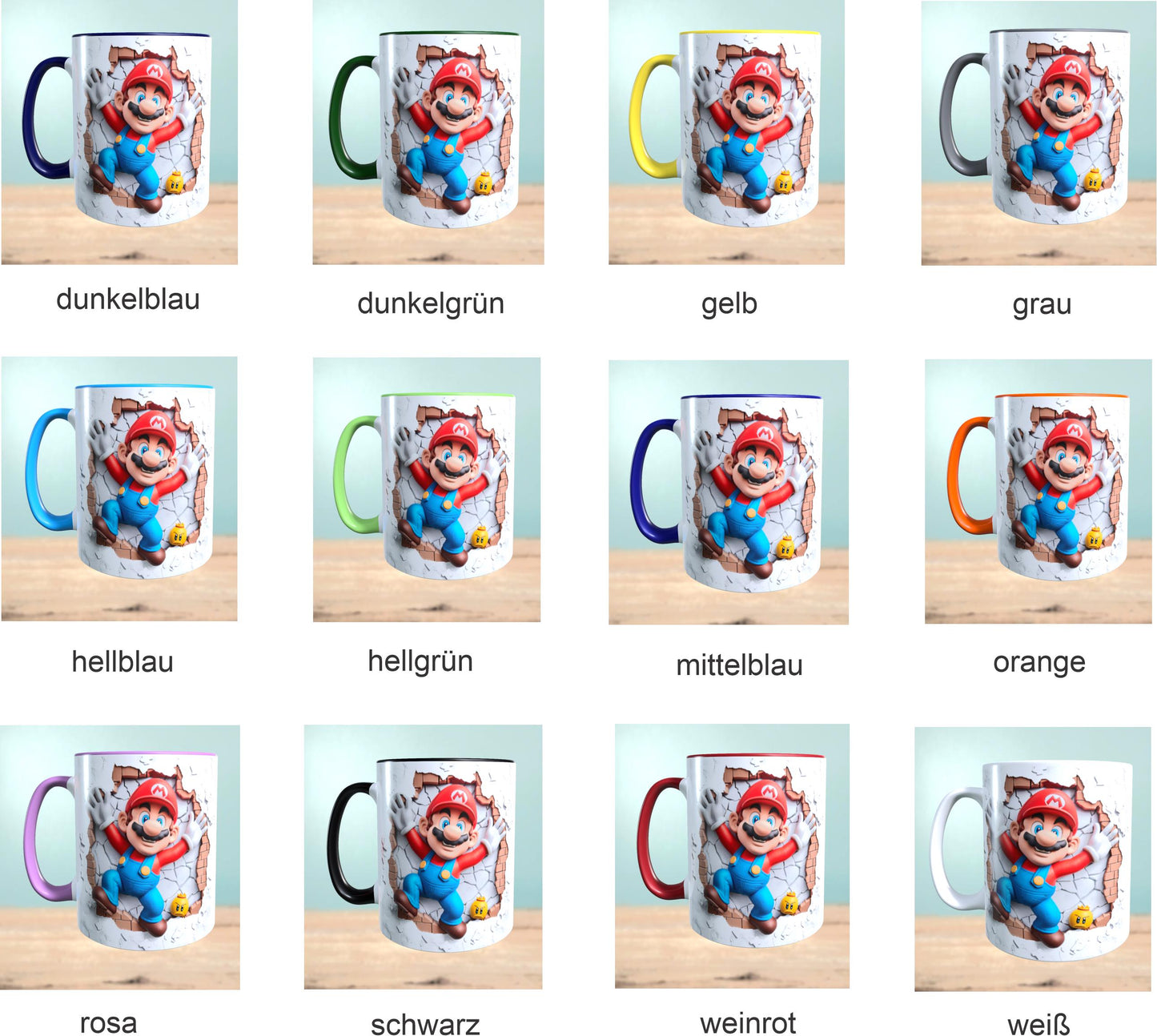 Tasse mit 3D-Effekt Super Mario Motiv 6 Sublimationsaufdruck, Tassengröße 11oz (330 ml), schönes Motiv, versch. Farben auswählbar