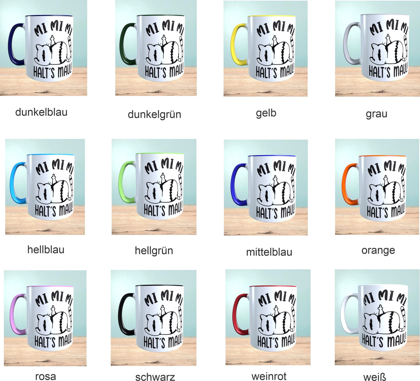 Mug with print MI MI MI Shut Up Cat, sublimation print, cup size 11oz (330 ml), funny saying, various colors available