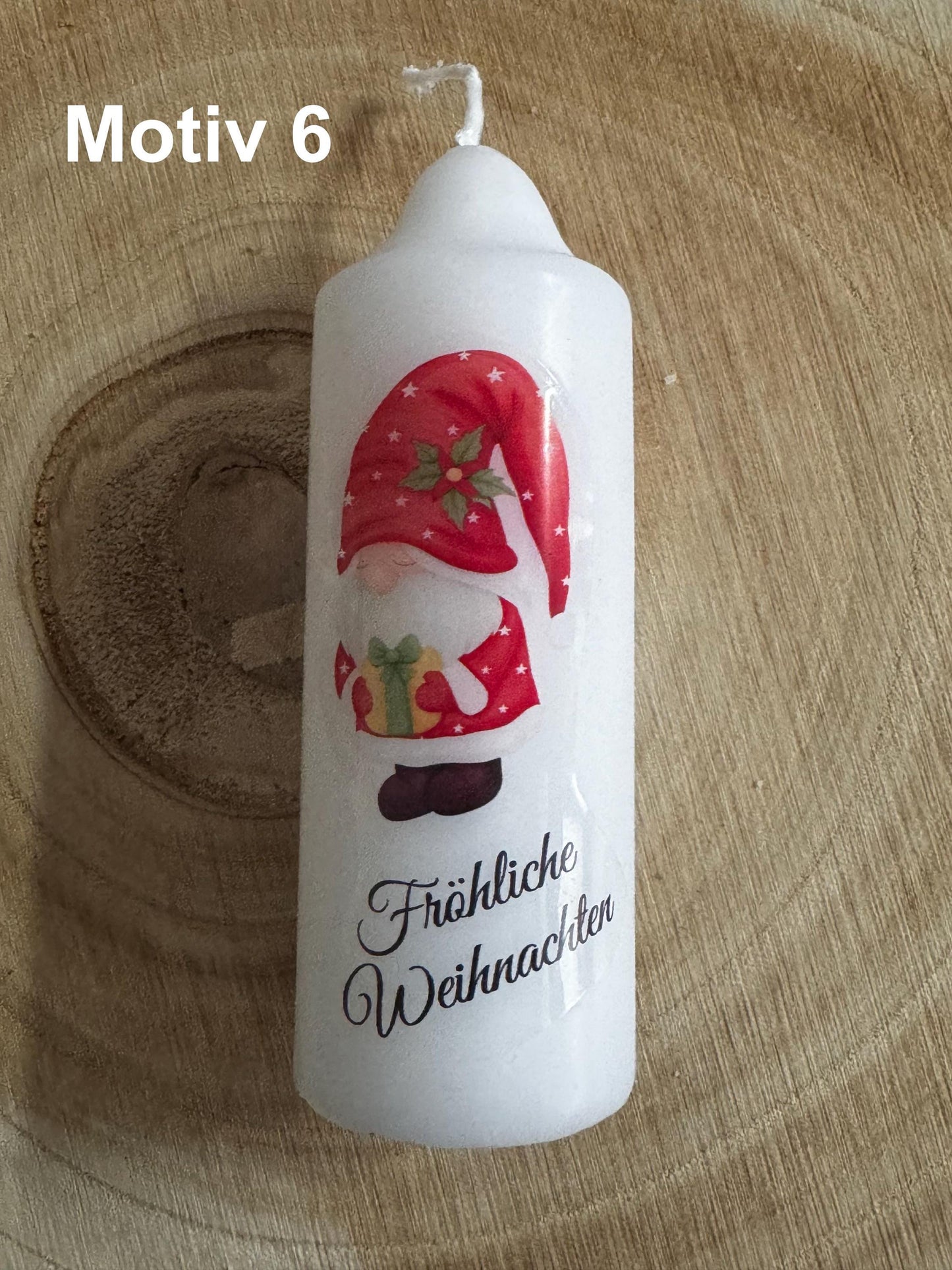 Weihnachtliche Kerze bedruckt mit Weihnachts - Motiv, versch. Motive