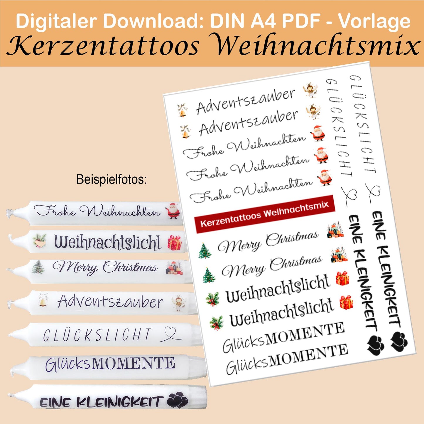Kerzentattoo & Kerzensticker PDF Vorlage | Digitaler Download - Weihnachtsmix -Kreativ Kerzen gestalten