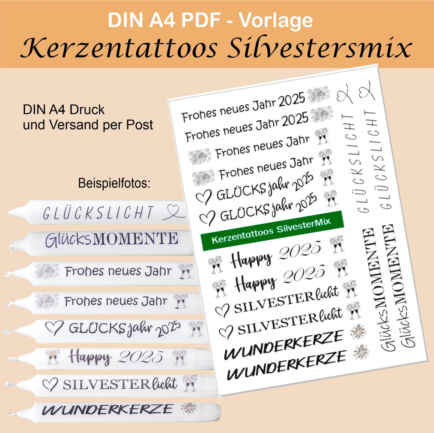 Kerzentattoos - DIN A4 Kerzenfolie mit festlichen und lustigen Sprüchen | Perfekte Deko für jeden Anlass | verschiedene Folien auswählbar