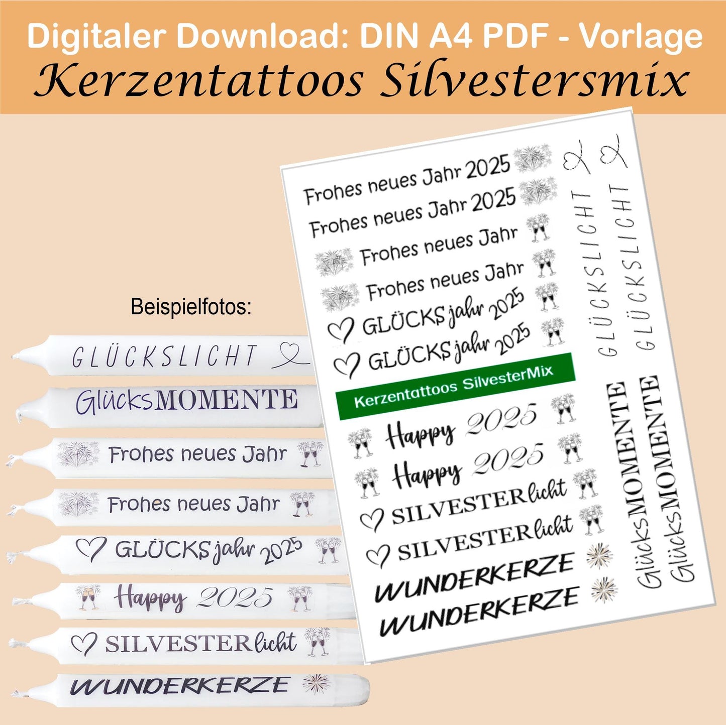 Kerzentattoo & Kerzensticker PDF Vorlage | Digitaler Download - SilvesterMix - Kreativ Kerzen gestalten