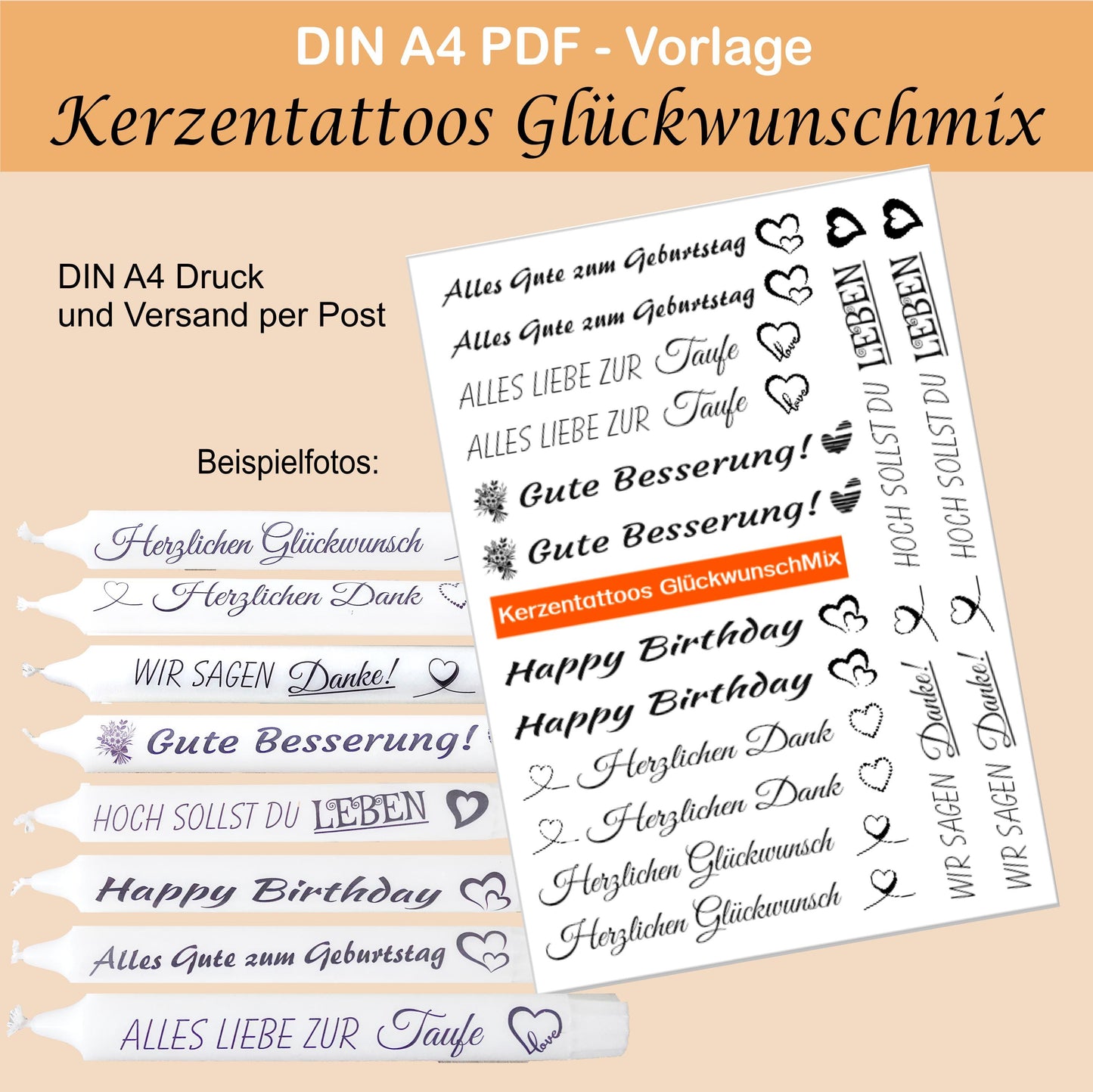 Kerzentattoos - DIN A4 Kerzenfolie mit festlichen und lustigen Sprüchen | Perfekte Deko für jeden Anlass | verschiedene Folien auswählbar