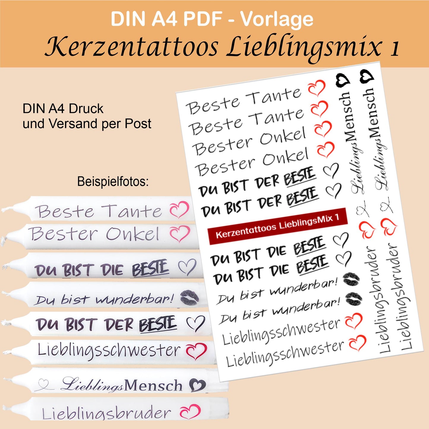 Kerzentattoos - DIN A4 Kerzenfolie mit festlichen und lustigen Sprüchen | Perfekte Deko für jeden Anlass | verschiedene Folien auswählbar