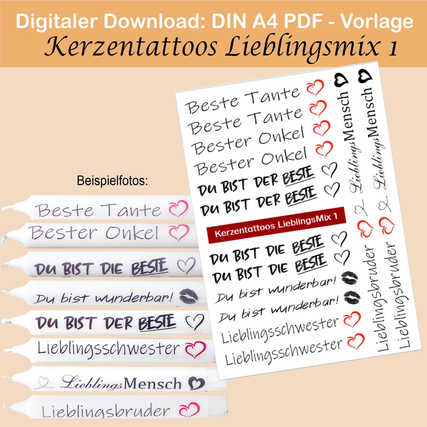 Kerzentattoo & Kerzensticker PDF Vorlage | Digitaler Download - LieblingsMix 1 - Kreativ Kerzen gestalten