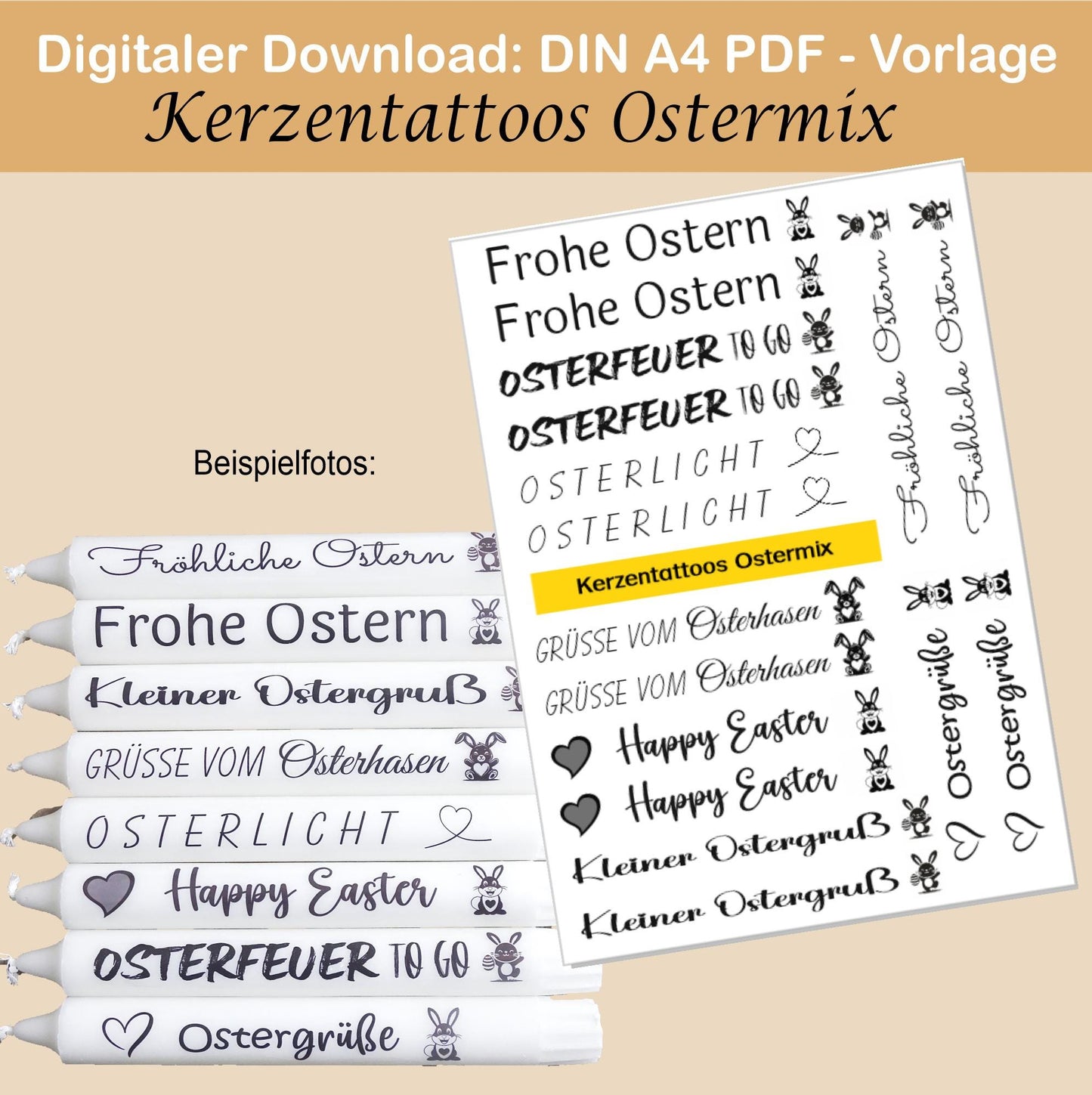 Kerzentattoo & Kerzensticker PDF Vorlage | Digitaler Download - OsterMix -Kreativ Kerzen gestalten