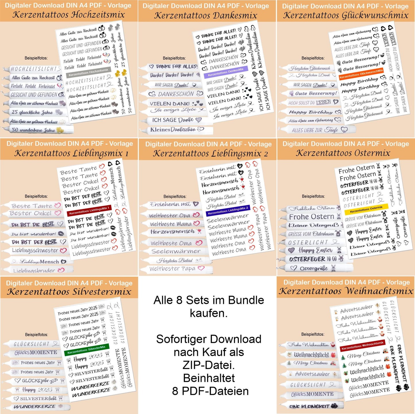 Kerzentattoo & Kerzensticker PDF Vorlagen | Digitaler Download - 60 verschiedene Sprüche im Set - Kreativ Kerzen gestalten
