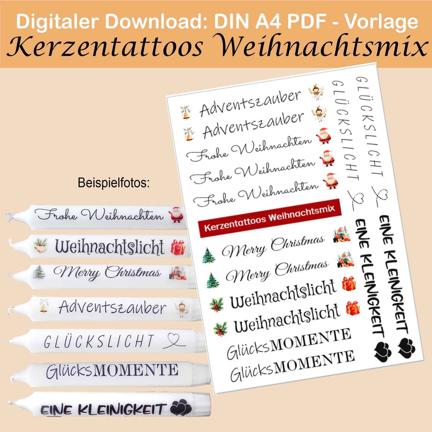 Kerzentattoo & Kerzensticker PDF Vorlagen | Digitaler Download - 60 verschiedene Sprüche im Set - Kreativ Kerzen gestalten