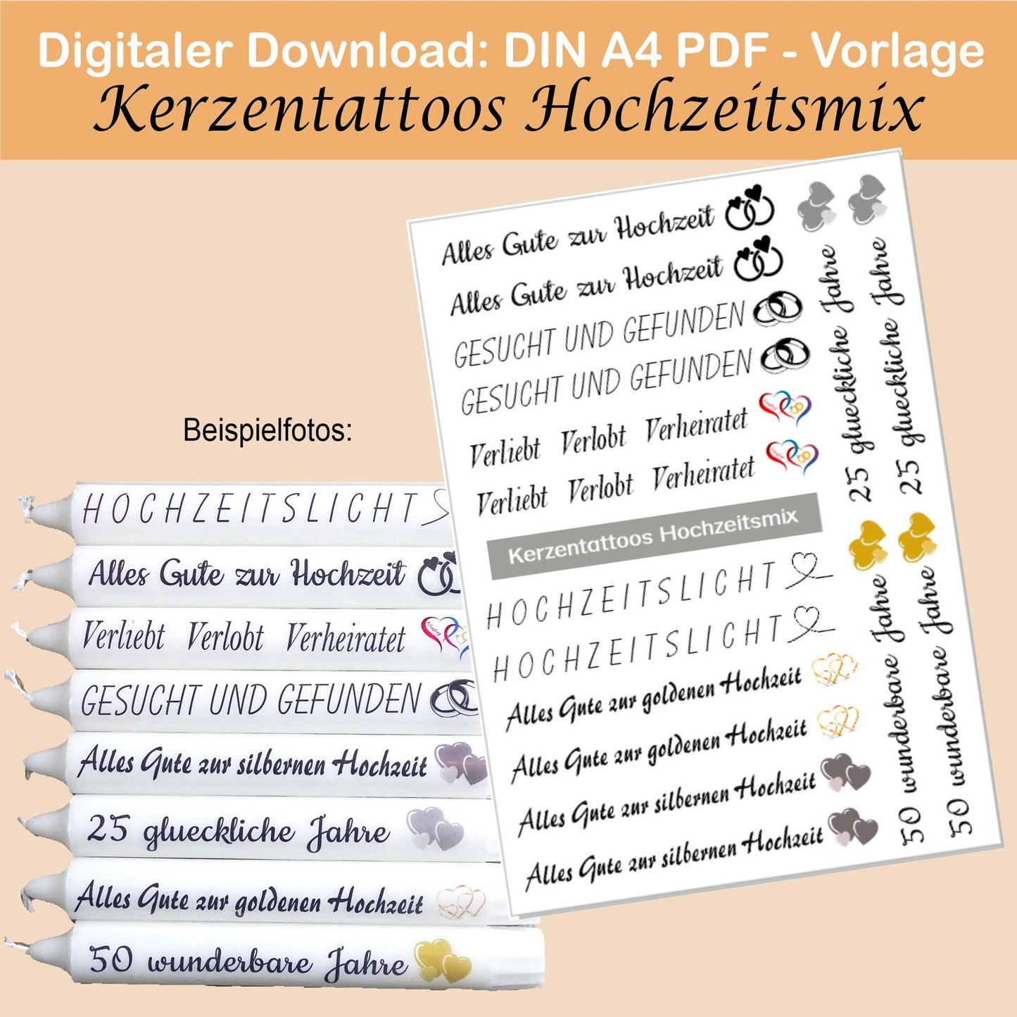 Kerzentattoo & Kerzensticker PDF Vorlage | Digitaler Download - HochzeitsMix - Kreativ Kerzen gestalten