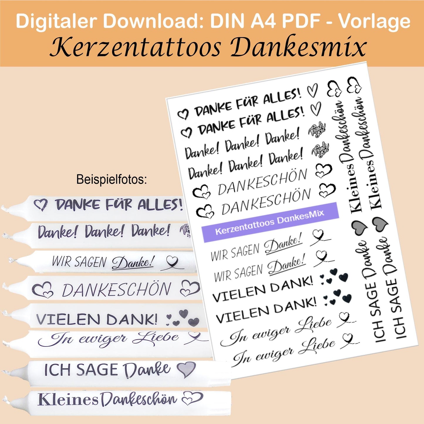 Kerzentattoo & Kerzensticker PDF Vorlagen | Digitaler Download - 60 verschiedene Sprüche im Set - Kreativ Kerzen gestalten