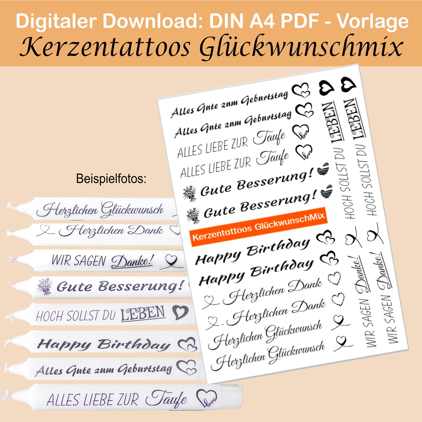 Kerzentattoo & Kerzensticker PDF Vorlagen | Digitaler Download - 60 verschiedene Sprüche im Set - Kreativ Kerzen gestalten