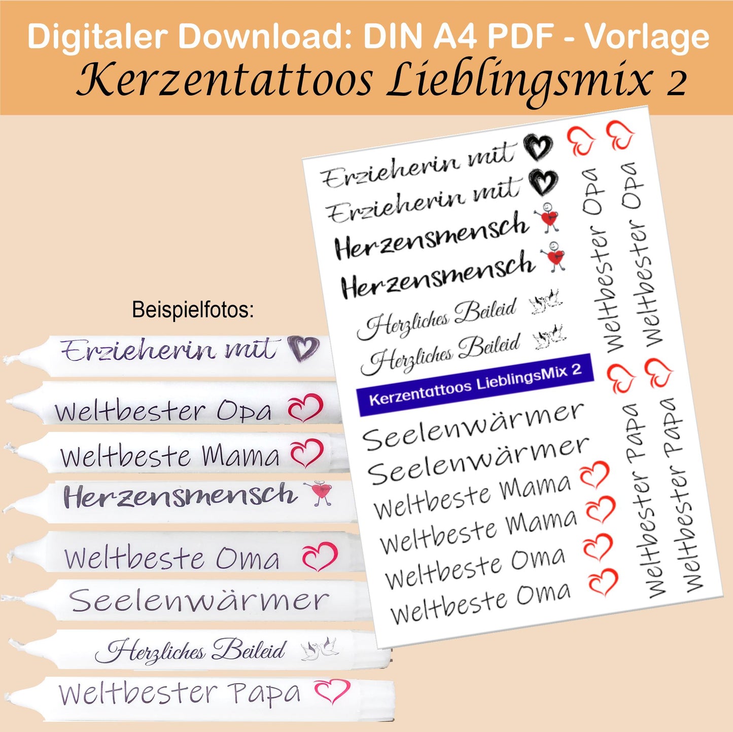 Kerzentattoo & Kerzensticker PDF Vorlagen | Digitaler Download - 60 verschiedene Sprüche im Set - Kreativ Kerzen gestalten