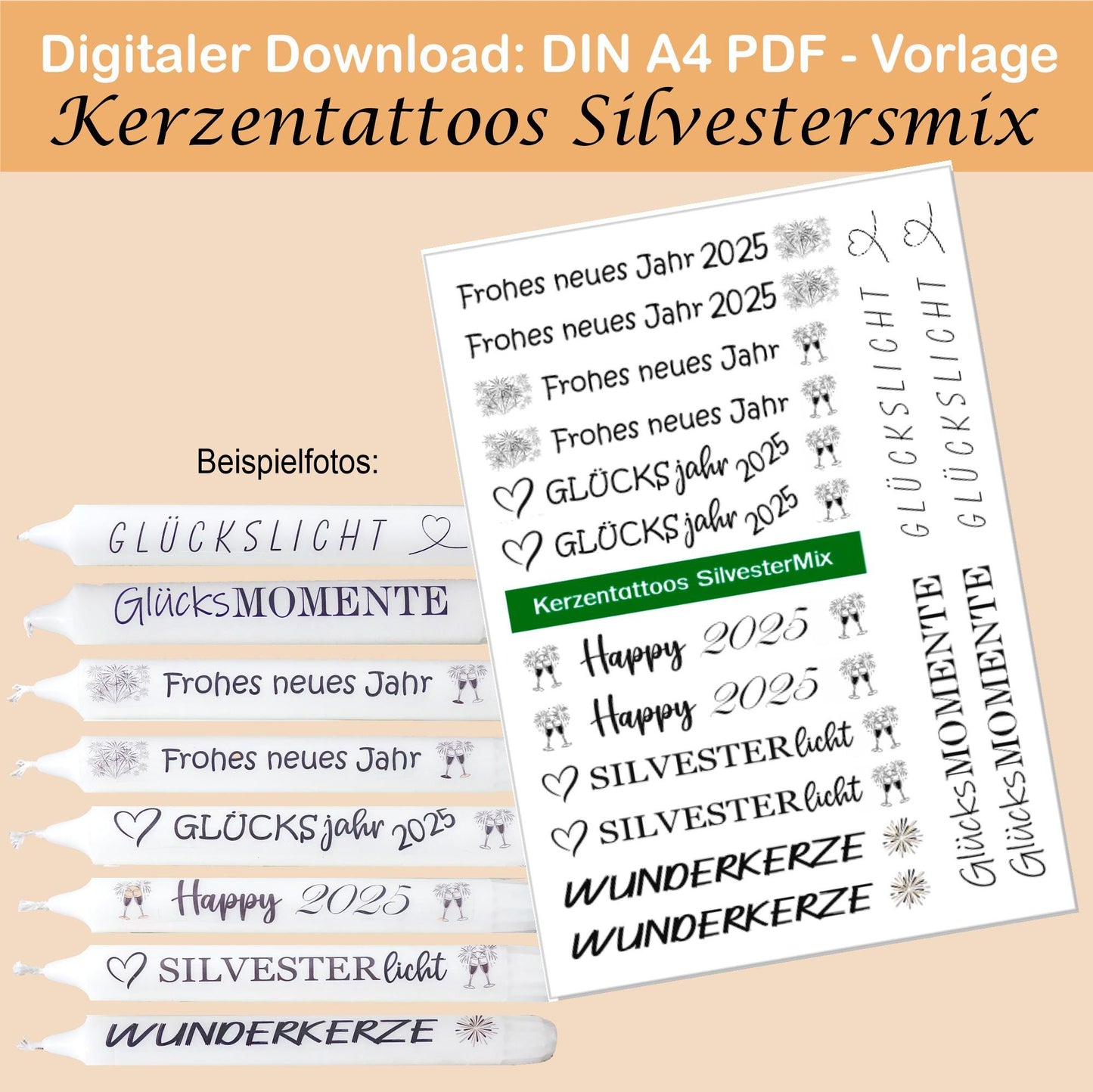 Kerzentattoo & Kerzensticker PDF Vorlagen | Digitaler Download - 60 verschiedene Sprüche im Set - Kreativ Kerzen gestalten