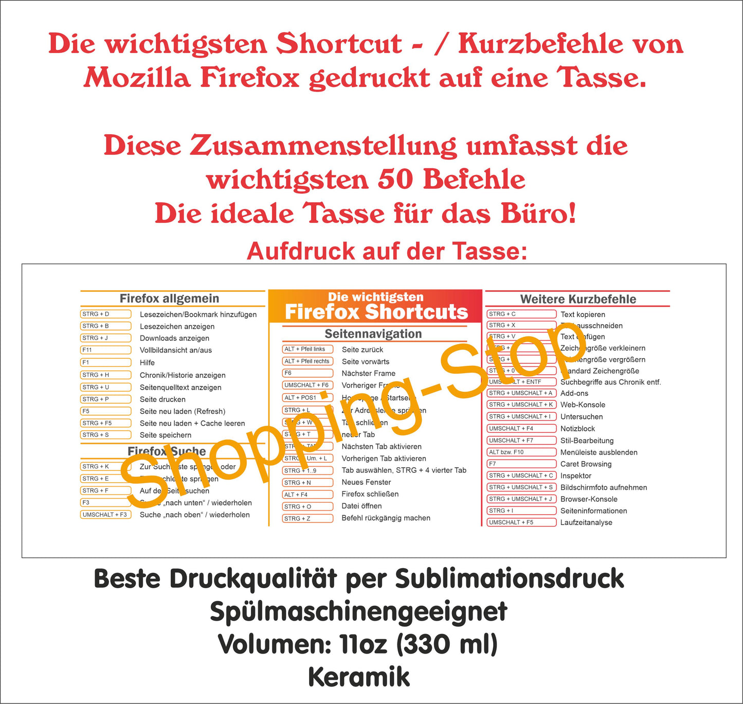 Mozilla Firefox Shortcuts Tasse Praktische Kurzbefehle für effizientes Surfen Perfektes Geschenk für Tech-Liebhaber