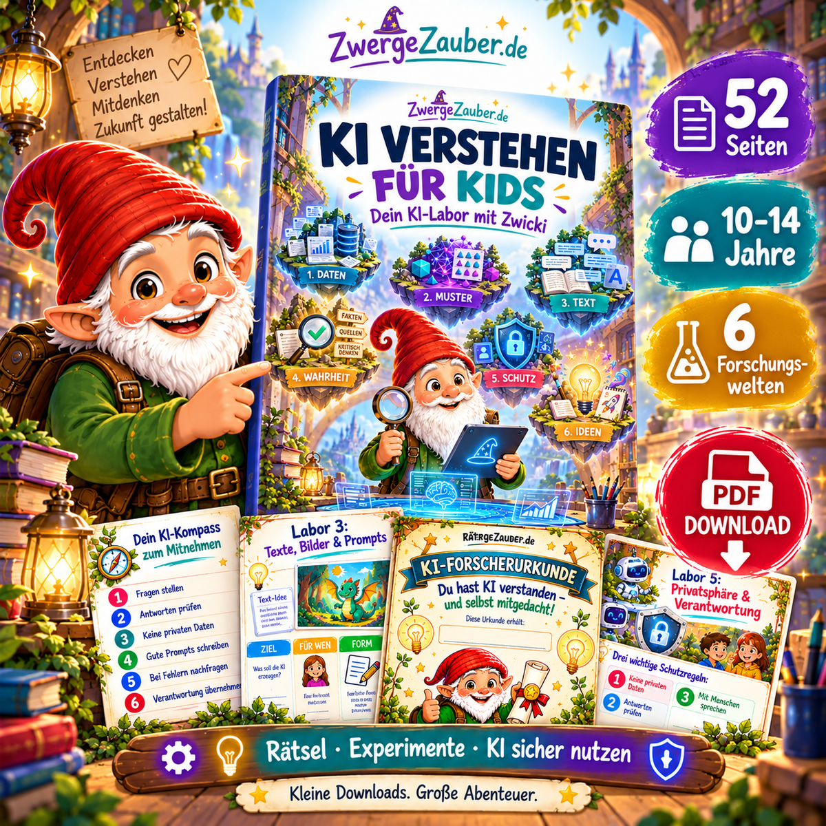 KI verstehen für Kids – illustriertes 52-seitiges KI-Labor mit Zwicki, sechs Forschungswelten, Rätseln und Experimenten für Kinder von 10 bis 14 Jahren.