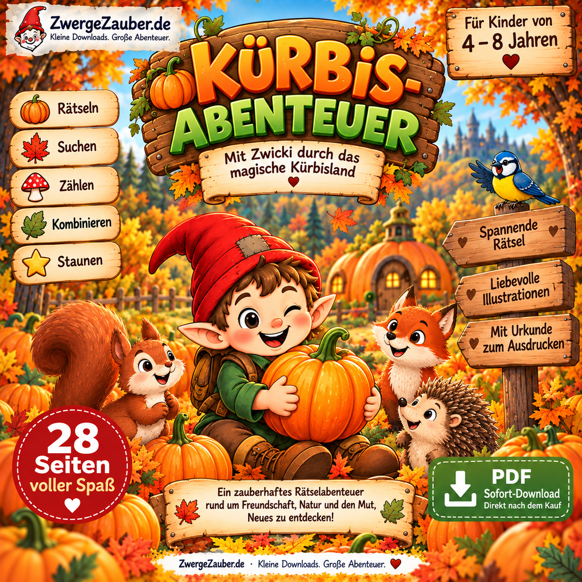 Kürbis-Abenteuer PDF mit 28 Seiten, sechs Kürbissternen, abwechslungsreichen Aufgaben, Lösungen und Urkunde