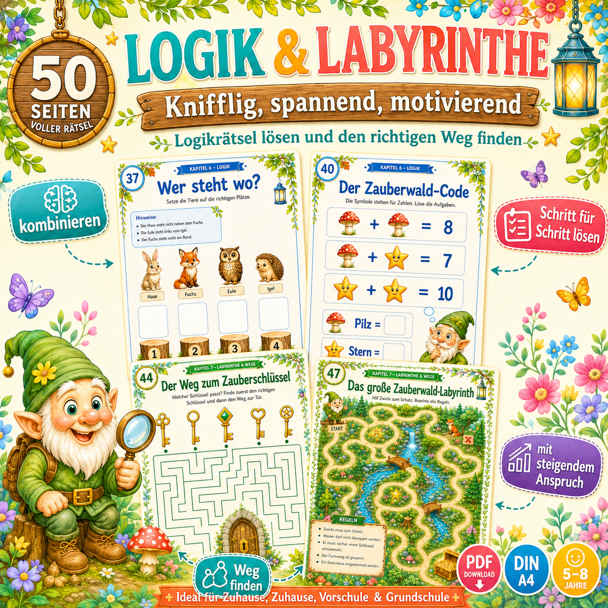 Labyrinthe und Logikrätsel für Kinder im Zauberwald-Stil von ZwergeZauber als digitales PDF für Vorschule und Grundschule.