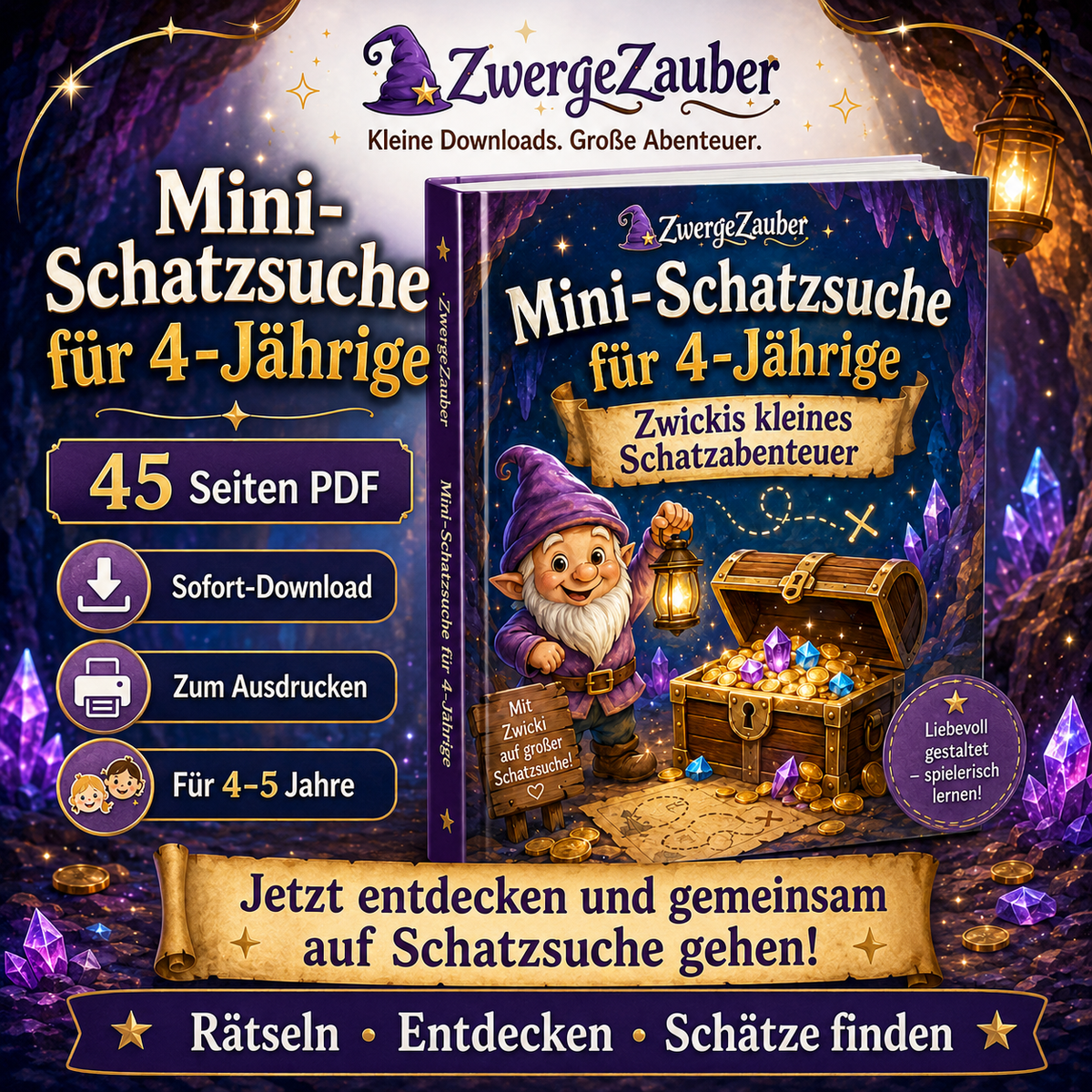 Mini-Schatzsuche für 4-Jährige mit 45 Seiten PDF, Zwicki, Schatzkiste und Sofort-Download von ZwergeZauber