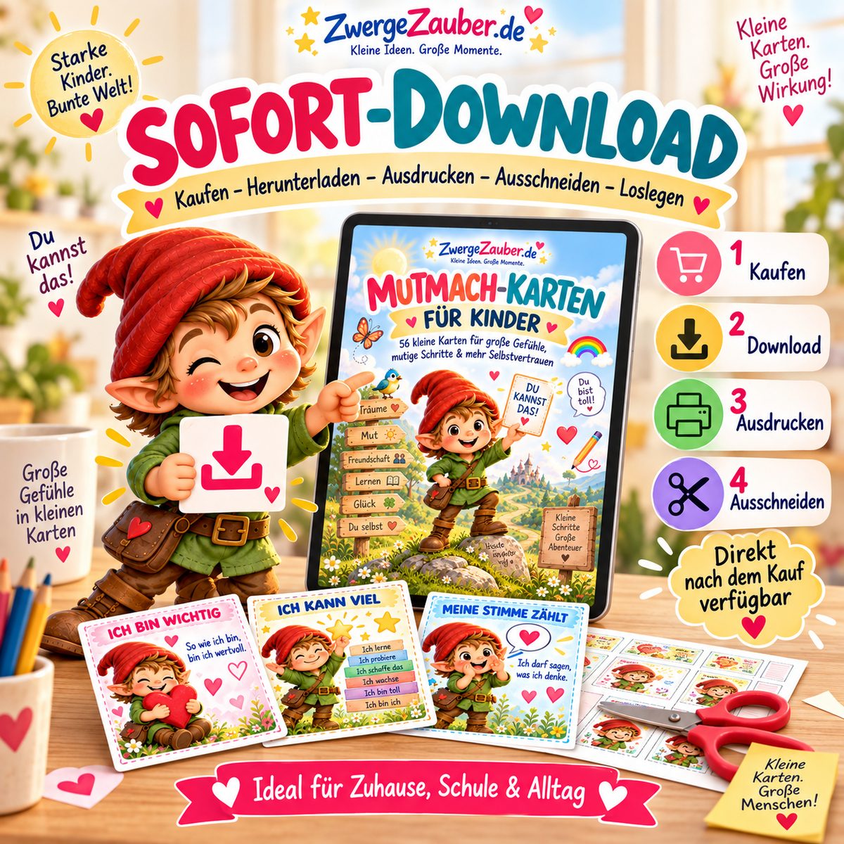 Mutmach-Karten für Kinder als digitaler Sofort-Download – PDF kaufen, herunterladen, ausdrucken und ausschneiden für Zuhause, Schule und Alltag.