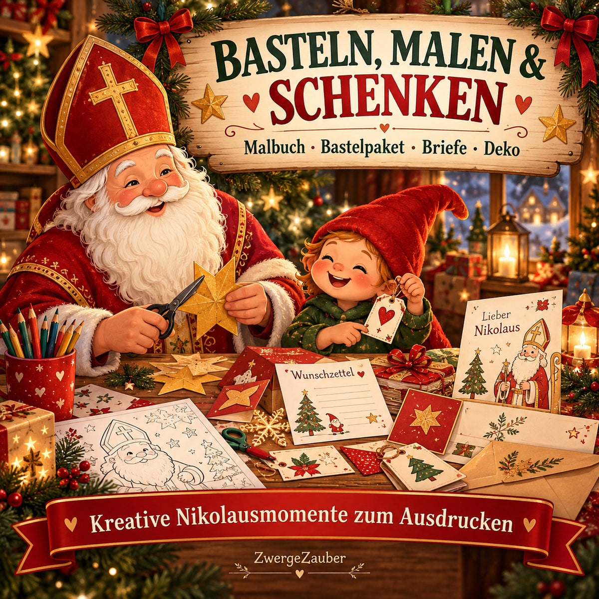 Nikolaus-Bastel- und Malideen mit Wunschzettel, Briefpapier, Geschenkanhängern und kreativen Druckvorlagen.