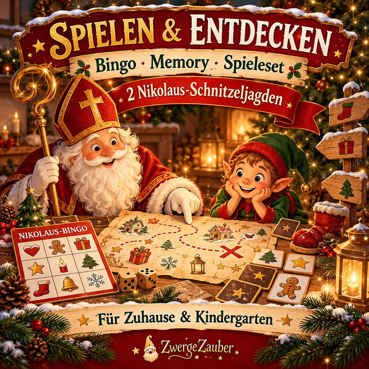 Nikolaus-Spiele mit Bingo, Memory, Familienspieleset und zwei Schnitzeljagden für Zuhause und Kindergarten.
