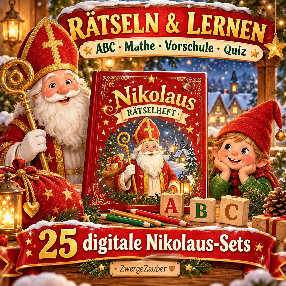 Nikolaus-Rätsel und Lernideen zum Ausdrucken mit ABC, Mathe, Vorschulübungen und Quiz im XXL-Bundle.