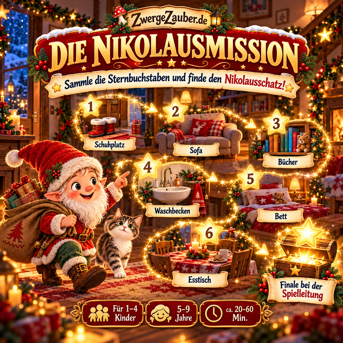 Die sechs Stationen der Nikolaus-Schnitzeljagd führen vom Schuhplatz über Sofa, Bücher, Waschbecken und Bett zum Esstisch und anschließend zum Finale.