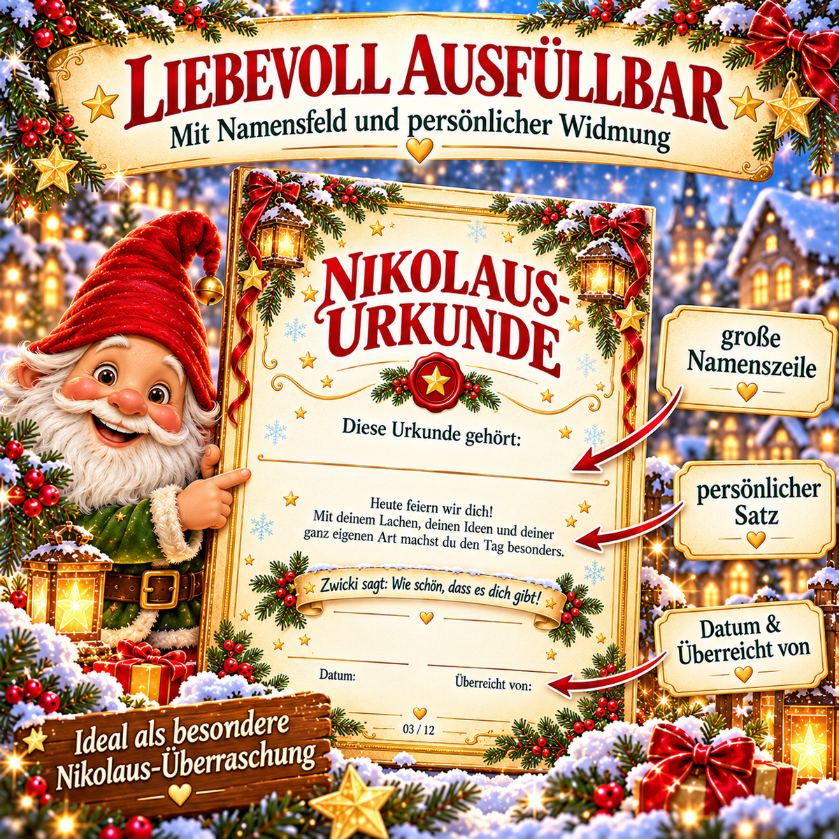 Detailansicht einer festlichen Nikolaus-Urkunde mit großem Namensfeld, persönlicher Widmung sowie Platz für Datum und Überreichung.