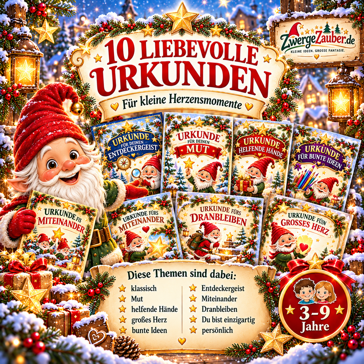 Übersicht der 10 Nikolaus-Urkunden für Kinder, unter anderem für Mut, Freundlichkeit, helfende Hände, Kreativität und Entdeckergeist.