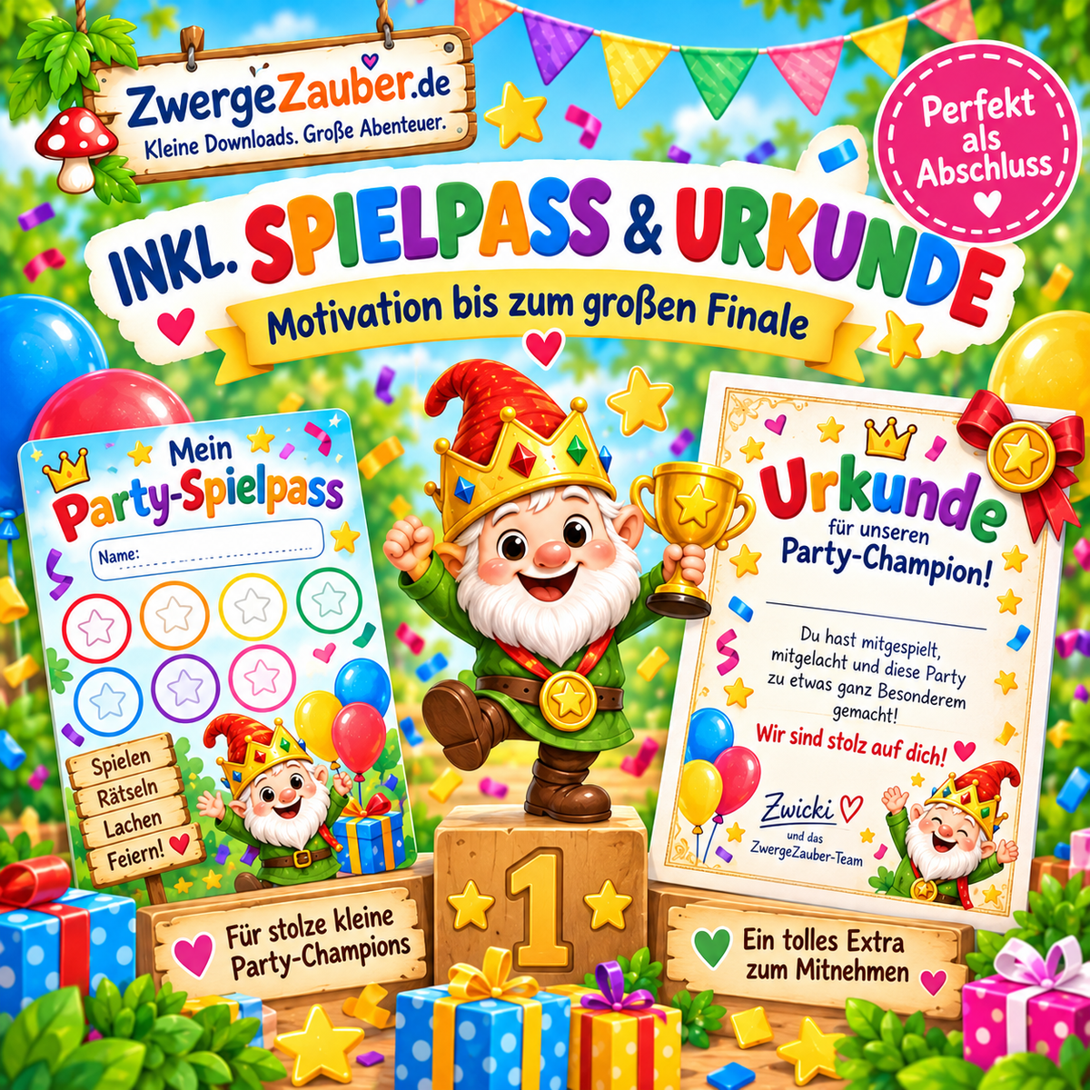 Partyspiele zum Ausschneiden inklusive Party-Spielpass und Urkunde für kleine Party-Champions von ZwergeZauber