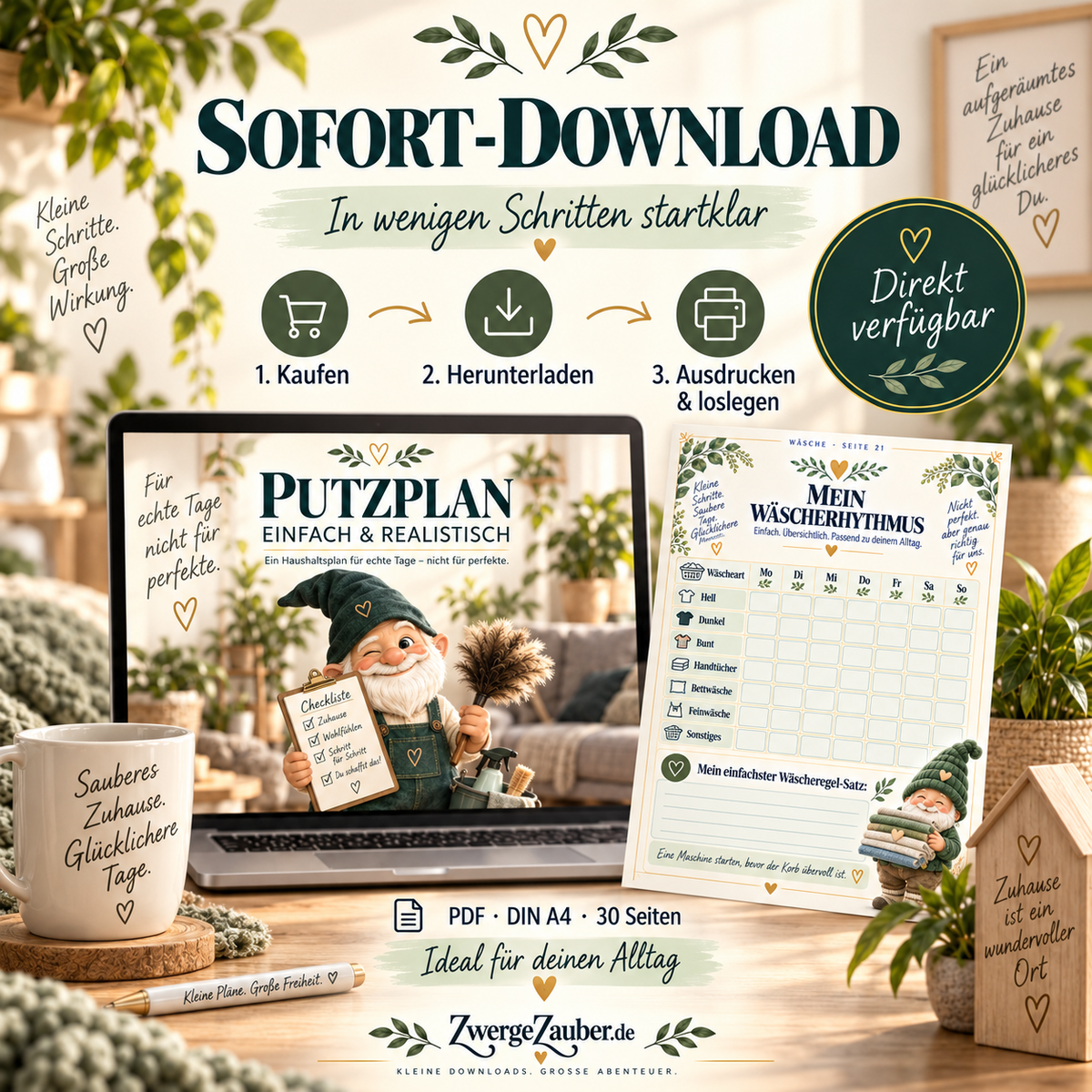 Sofort-Download des ZwergeZauber Putzplans als 30-seitige DIN-A4-PDF zum Herunterladen, Ausdrucken und direkt Loslegen